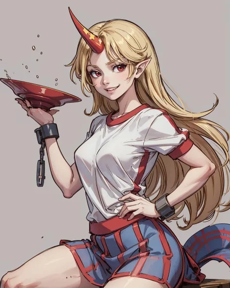 <lora:HoshigumaYuugi:1>,hoshiguma yuugi, 1girl,single horn, pointy ears, blonde hair, long hair,red eyes,shackles ,white shirt,skirt,alcohol, sake,grin,grey background, <lora:add_detail:0.25>, masterpiece, best quality,