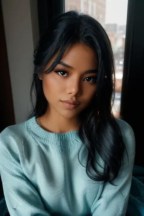 a close up of a woman with long black hair wearing a blue sweater