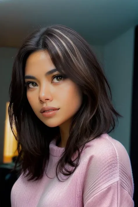 a close up of a woman with a pink sweater and a black background