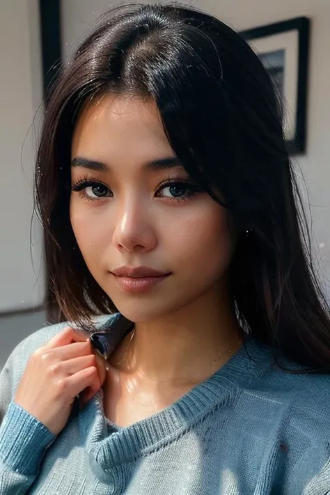 a close up of a woman with long hair wearing a sweater