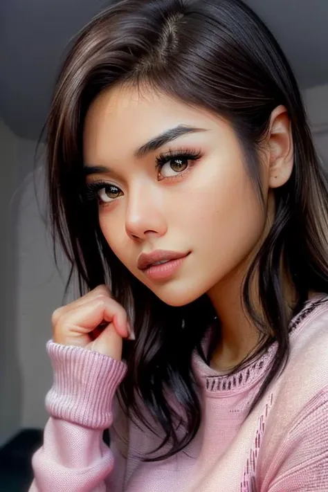 a close up of a woman with long hair wearing a pink sweater