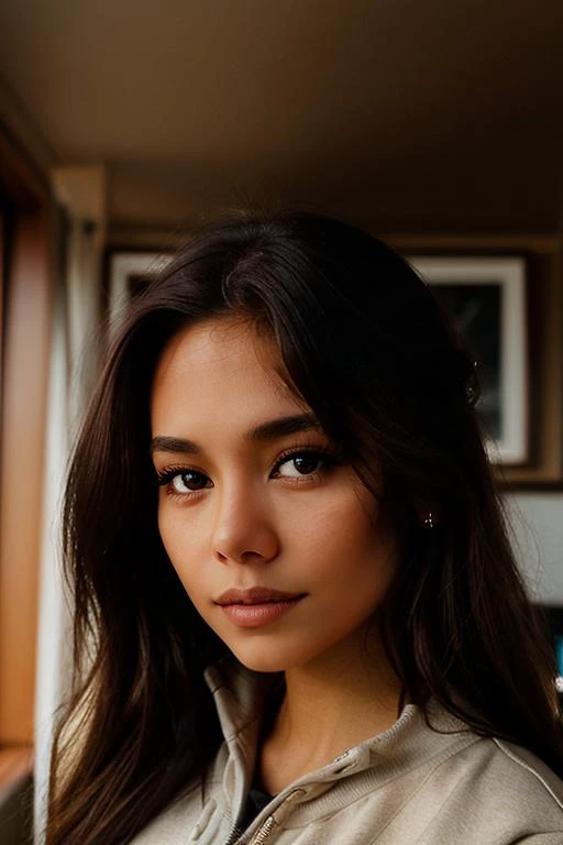 a close up of a woman with long hair and a jacket