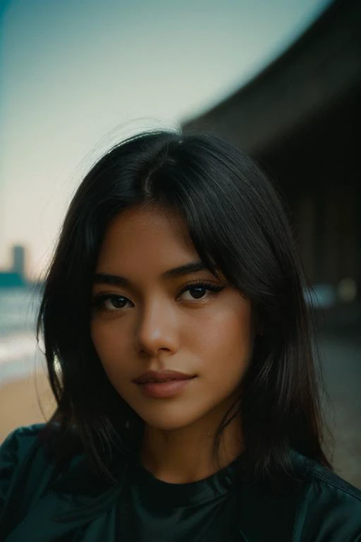 a close up of a woman with long hair standing on a beach