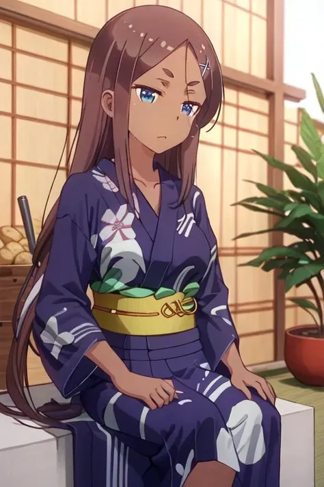 best quality, masterpiece, highres, solo, {yukata:1.40}, {kimono:1.20}, {ahagon_umiko_newgame:1.15}, brown_hair, long_hair, dark_skin, dark-skinned_female, hair_ornament, blue_eyes, x_hair_ornament, hairclip