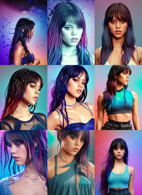 award winning half body portrait of jenna ortega in a croptop and cargo pants with ombre navy blue teal hairstyle with head in m...