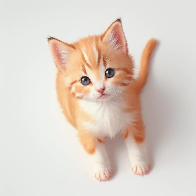 a cute kitten, top down view, simple background,