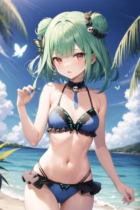 rushia_bikini, green hair, short hair, side buns, blue bikini, frills, butterfly, small breasts, skull hair ornament