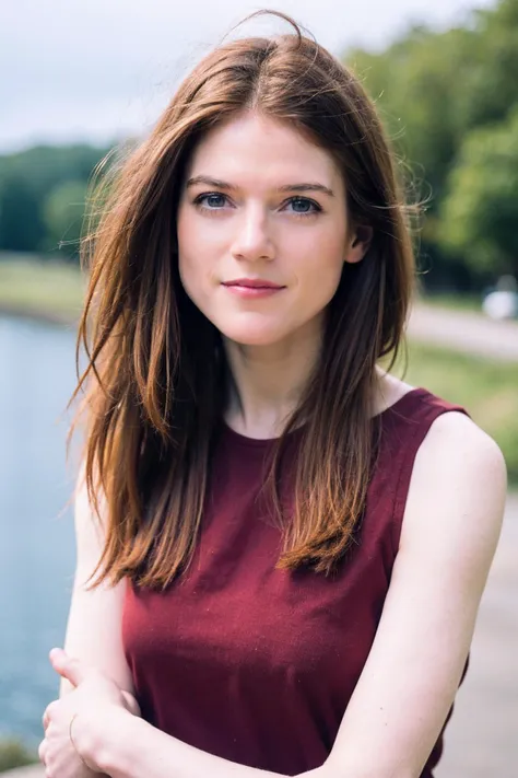 a close up of a woman with long hair standing near a body of water