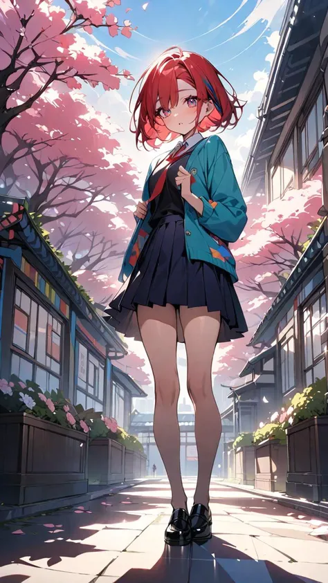 anime girl in a short skirt and jacket standing on a street