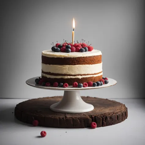 a close up of a cake with a lit candle on top of it