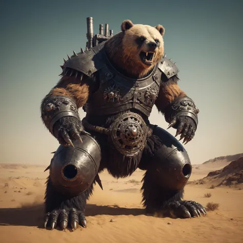 a close up of a bear in armor on a desert