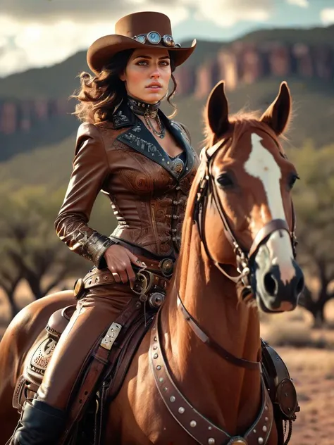 Cinematic, 32yo Female, Hyper quality, hyper-detailed, hyper-maximalist, extremely intricate, Brazilian Wrangler, Texas ranch 1900s, wrangler attire, cinematic lighting, cinematic pose, wary expression, tense pose, riding Steampunk mechanical Horse, anachr...