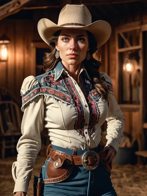 arafed woman in a cowboy outfit and hat standing in front of a barn