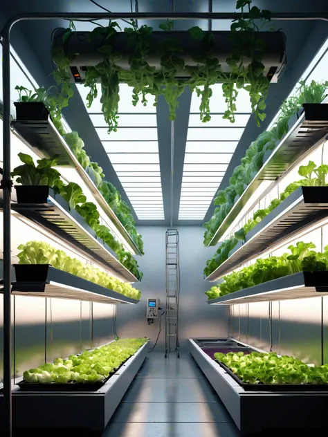 Hyper-Realistic, Hyper quality, hyper-detailed, hyper-maximalist, extremely intricate, volumetric lighting, volumetric shadows, steelpunk hydroponics vegetable system
