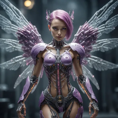 a close up of a woman with purple hair and wings