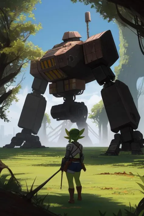 strange and mysterious setting, 1girl, solo, 4k, highly detailed, cowboy shot, <lora:goblin_datasets_pruned:1> goblin girl, empty field, exploring rusty broken giant robot-mecha,  overgrown nature,