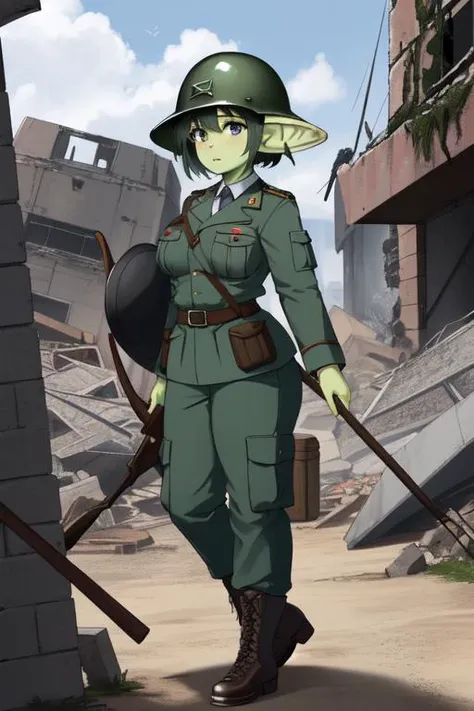 ww2 theme, 1girl, 4k, highly detailed, <lora:goblin_datasets_pruned:1> busty goblin girl, green skin, soldier uniform, cargo pants, steel helmet, ww2 tanks, ww2 ruins, rubble