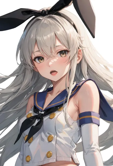 best quality, masterpiece, highres, solo, {shimakaze_kantaicollection:0.90}, 1girl, elbow_gloves, looking_at_viewer, upper_body, black_neckerchief, blue_sailor_collar, serafuku, simple_background, white_gloves, black_hairband, open_mouth, brown_eyes, sleev...