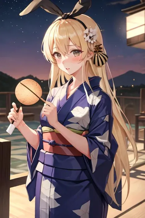 best quality, masterpiece, highres, solo, {yukata:1.40}, {kimono:1.20}, {shimakaze_kantaicollection:1.15}, long_hair, blonde_hair, hairband, blush