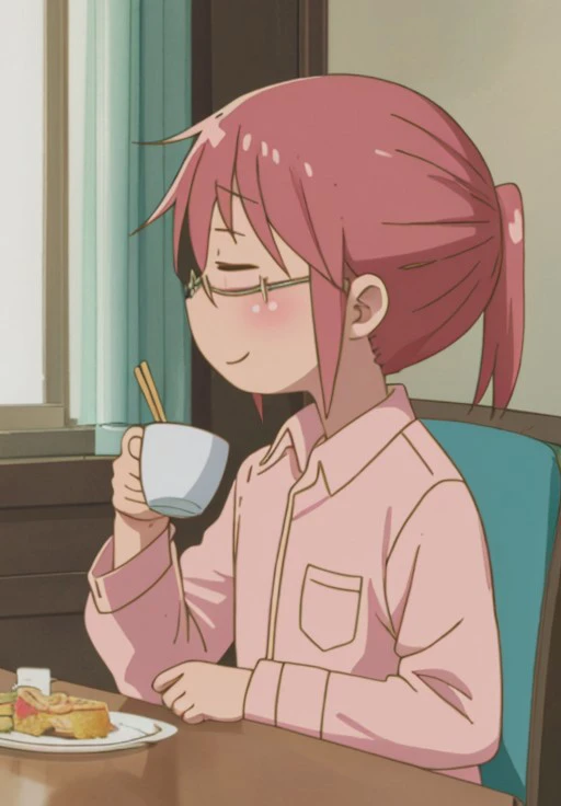 <lora:kobayashisan:1.0>, kobayashisan, kobayashi, solo, smile, shirt, long sleeves, holding, sitting, closed mouth, closed eyes, upper body, pink hair, food, shiny, collared shirt, indoors, from side, cup, pillow, window, profile, alternate hairstyle, nigh...