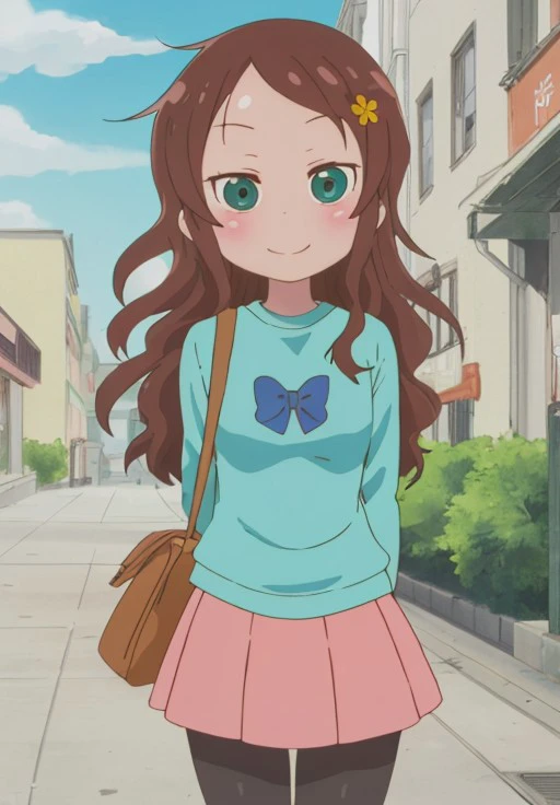 <lora:kobayashisan:1.0>, kobayashisan, Riko, solo, looking at viewer, smile, blue eyes, skirt, shirt, long sleeves, bow, closed mouth, standing, flower, pantyhose, cowboy shot, pleated skirt, outdoors, sky, day, cloud, bag, aqua eyes, blue sky, red skirt, ...