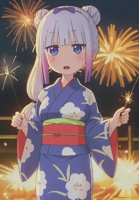 <lora:kobayashisan:1.0>, kobayashisan, Kanna, solo, looking at viewer, open mouth, long sleeves, holding, standing, ponytail, sidelocks, cowboy shot, parted lips, japanese clothes, alternate costume, wide sleeves, kimono, hair bun, :o, sash, alternate hair...