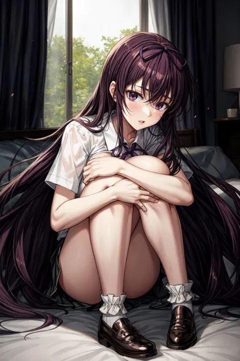 anime girl sitting on bed with long hair and black shoes