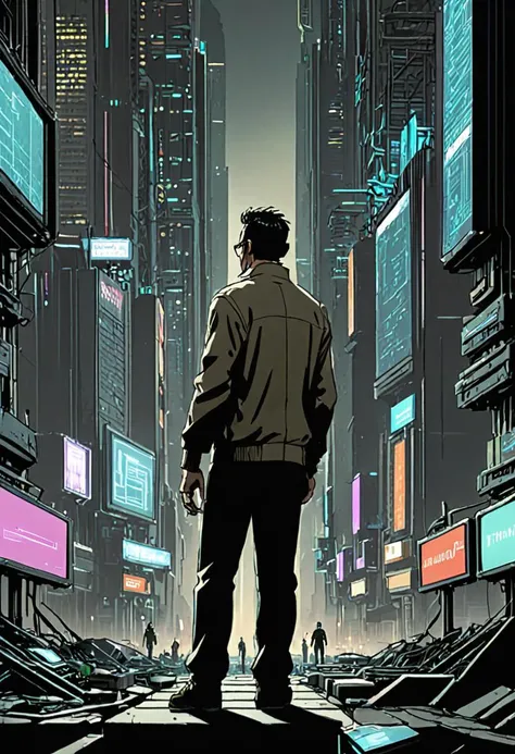 <lora:BillMatheson:.5> A BillMatheson man hacking into a dystopian citys mainframe to restore freedom to the citizens