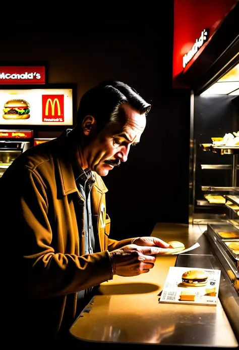 <lora:BillMatheson:.5> A BillMatheson man examining a mysterious artifact in the dim light of an ancient  McDonalds restaurant