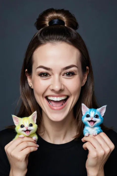 by  Lori Earley  and  Olga Skomorokhova in the style of  teamLab ,  cute happy woman holding up two minature pets, maniacal laughter <lora:happy:0.35> <lora:maniacal_laughter:2.25> , digital oil pastel on canvas<lora:oil_pastel:1.00> of a cinematic photo <...