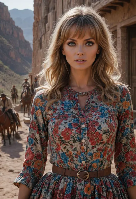 (establishing shot view :1.1), izabella scorupco in a (The Good, the Bad and the Ugly (1966) film scene:1.1),stunning,dynamic pose,hyper-realistic,highly detailed,lightroom,(motion blur),iso 150,dramatic lighting,((psychedelic)),natural lighting,vibrant,dr...