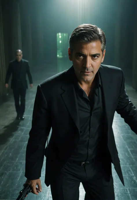 (overhead shot view :1.1), george clooney in a (The Matrix Trilogy film scene:1.1),epic,detailed realistic,rim sunlight,backlighting from inside,dynamic angle,(aperture f/7),dynamic angle,sharp focus,((dynamic angle)),ultra highres,dreamy foggy,incredibly ...