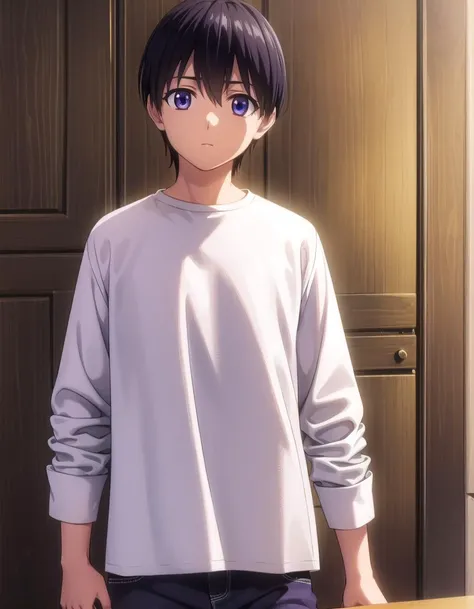 elfenliedkouta, <lora:elfen lied kouta s1-lora-nochekaiser:1>,
kouta, (purple eyes:1.1), black hair, male focus,
BREAK shirt, long sleeves, white shirt, short sleeves, open clothes, pants,
BREAK indoors,
BREAK looking at viewer, (cowboy shot:1.5),
BREAK <l...