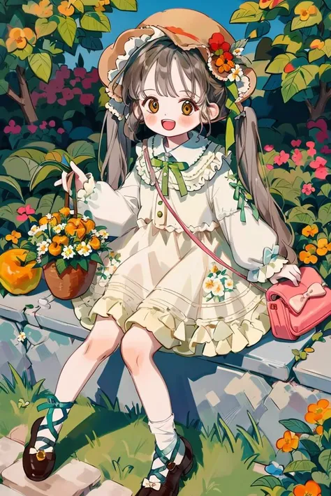 <lora:GuihuagaoSomeSortOf_v10:1>
best quality, masterpiece, extremely detailed, detailed background, 1girl, flower, solo, smile, open mouth, twintail, long hair, ribbon, bag, hat, yellow flower, brown eyes, :d, bow, orange flower, blush, full body, green r...