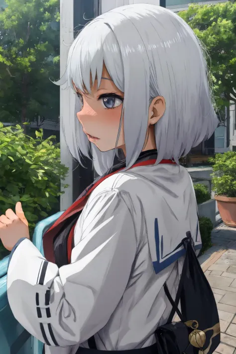 anime girl with white hair and backpack looking at something