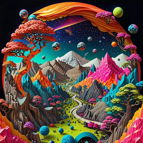 a close up of a colorful artwork of a mountain with trees