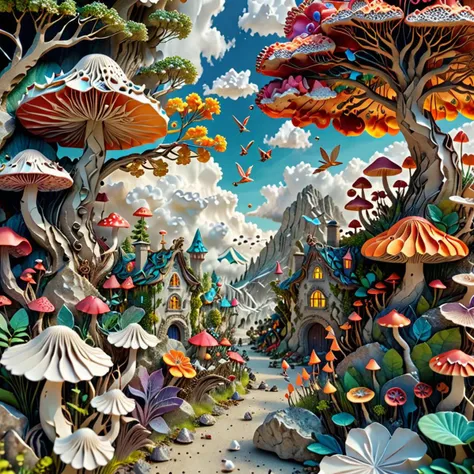 a close up of a painting of a forest with many different colored mushrooms