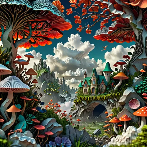 a close up of a painting of a fantasy forest with mushrooms