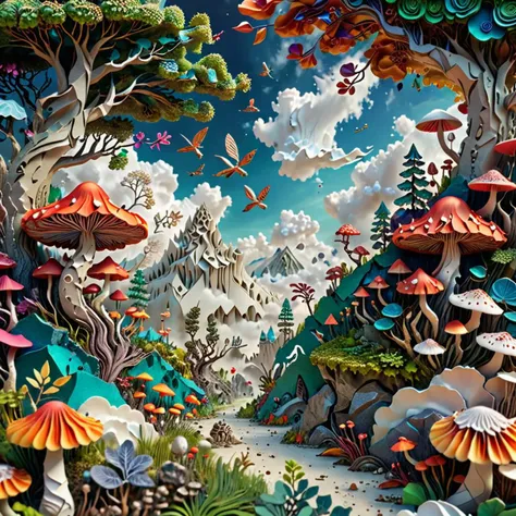 a close up of a painting of a forest with many mushrooms