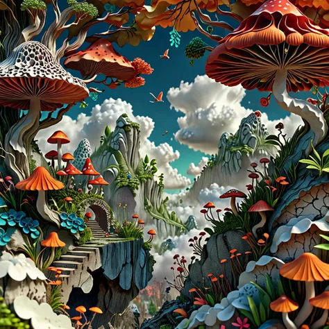 a close up of a colorful landscape with many mushrooms