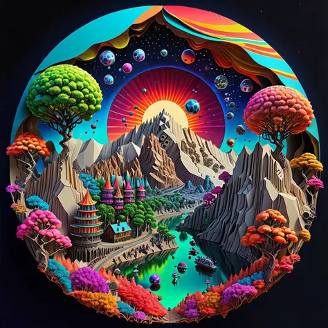 a close up of a circular artwork with a mountain and a river