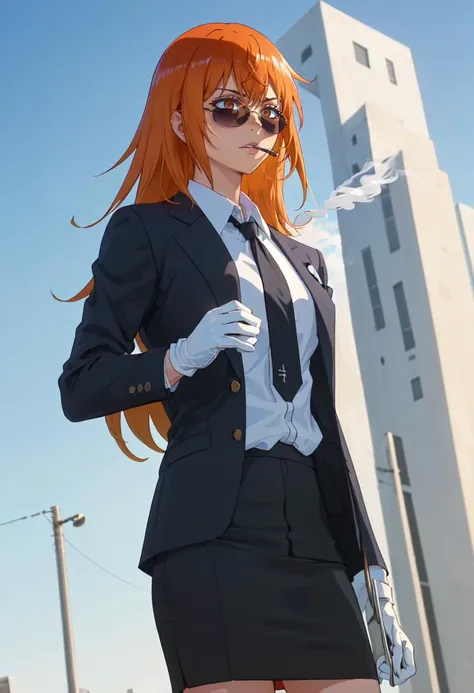 best quality, masterpiece, highres, solo, (maki_gamou_donttoywithmemissnagatoro:1.10), (black business suit:1.40), (tie:1.20), (sunglasses:1.25), (white gloves:1.15), (white shirt:1.10), (black skirt:1.15), (smoking:1.20), handsome, anime_style, 22 <lora:m...