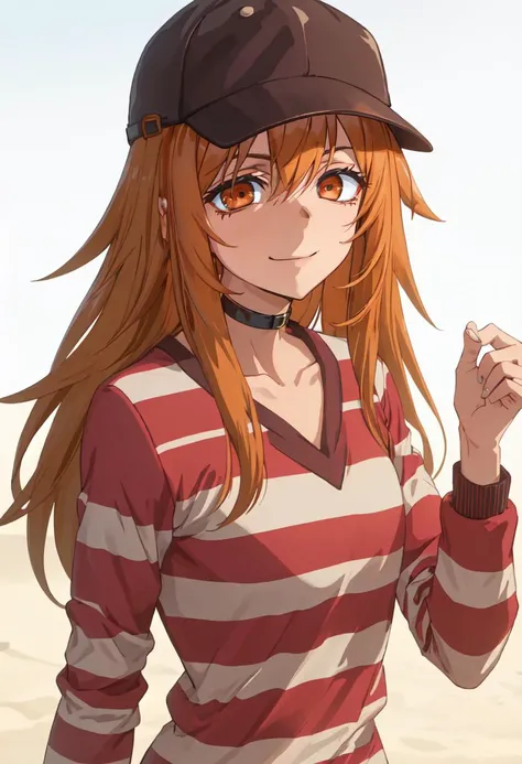 best quality, masterpiece, highres, solo, (maki_gamou_donttoywithmemissnagatoro:1.10), baseball cap, 1girl, striped clothes, striped shirt, long sleeves, black headwear, smile, black choker, brown hair, upper body, anime_style, 6 <lora:maki_gamou_donttoywi...