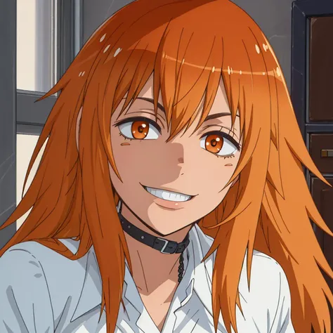 RAW photo, (high detailed skin, detailed eyes:1.1), intricate details, best quality, 8k uhd, soft lighting, maki_gamou_donttoywithmemissnagatoro, long hair, orange hair, brown eyes, smile, orange eyes <lora:maki_gamou_donttoywithmemissnagatoro:0.8>