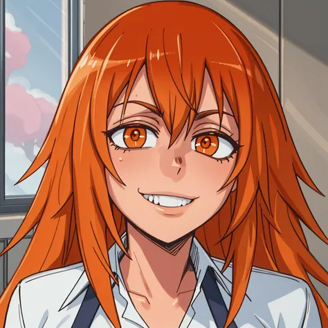 anime girl with long red hair and white shirt smiling