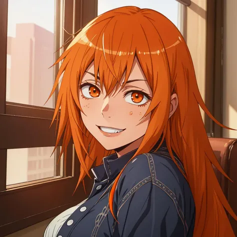 RAW photo, (high detailed skin, detailed eyes:1.1), intricate details, best quality, 8k uhd, soft lighting, maki_gamou_donttoywithmemissnagatoro, long hair, orange hair, brown eyes, smile, orange eyes <lora:maki_gamou_donttoywithmemissnagatoro:0.6>