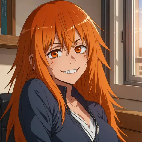 RAW photo, (high detailed skin, detailed eyes:1.1), intricate details, best quality, 8k uhd, soft lighting, maki_gamou_donttoywithmemissnagatoro, long hair, orange hair, brown eyes, smile, orange eyes <lora:maki_gamou_donttoywithmemissnagatoro:0.7>