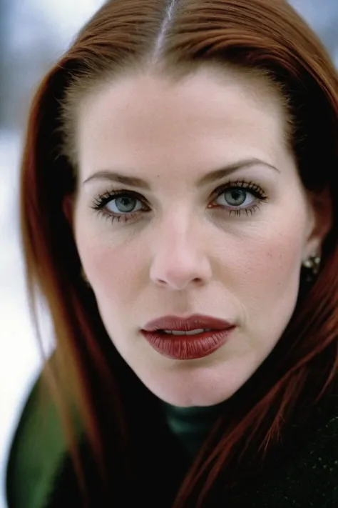 a close up of a woman with red hair and a green coat