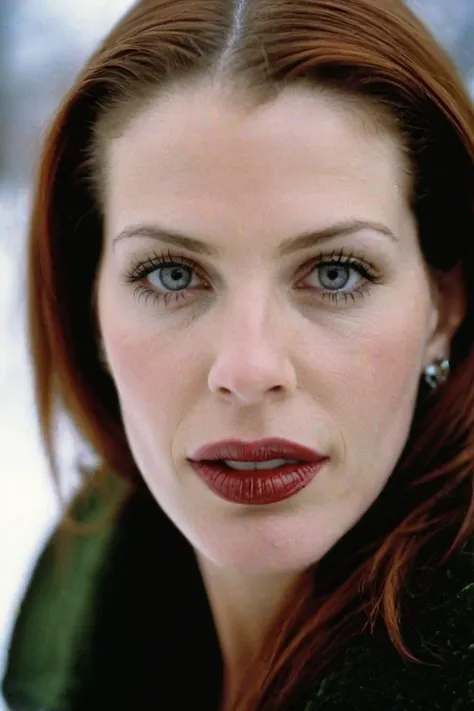 a close up of a woman with red hair and a green coat