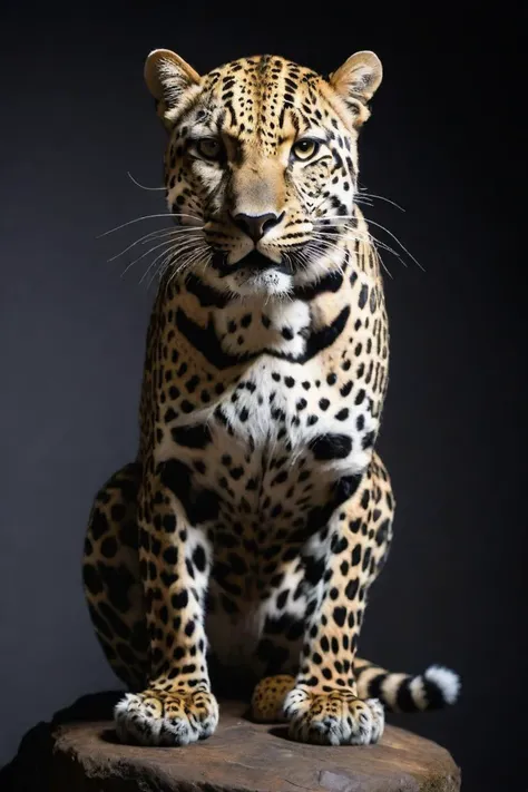 a close up of a leopard sitting on a rock with a black background